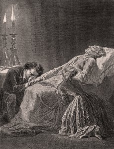 Jean Valjeans död mellan Cosette och Marius - illustration från Les Misérables, 1800-talet (gravyr i svartvitt)